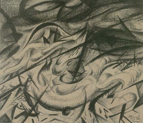 O. Bogomazov (1880-1930). Fire in Kyiv. 1916. Dry sauce (coal) on gray paper. 27 by 32 cm. National Art Museum of Ukraine, Kyiv.